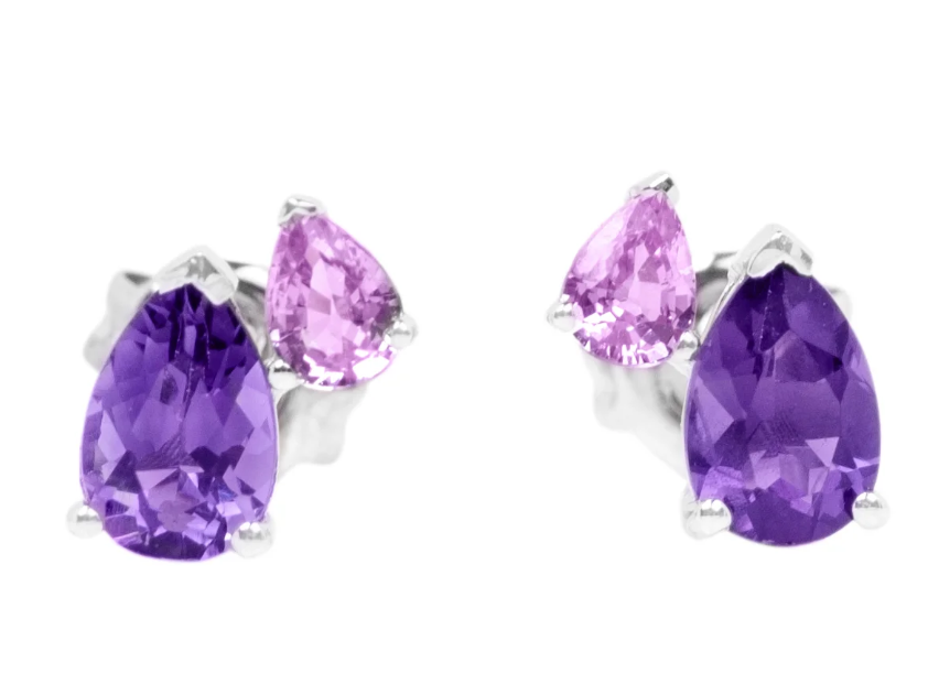 Lady's White 14 Karat Stud Earrings 2=0.69tw Pear Amethyst