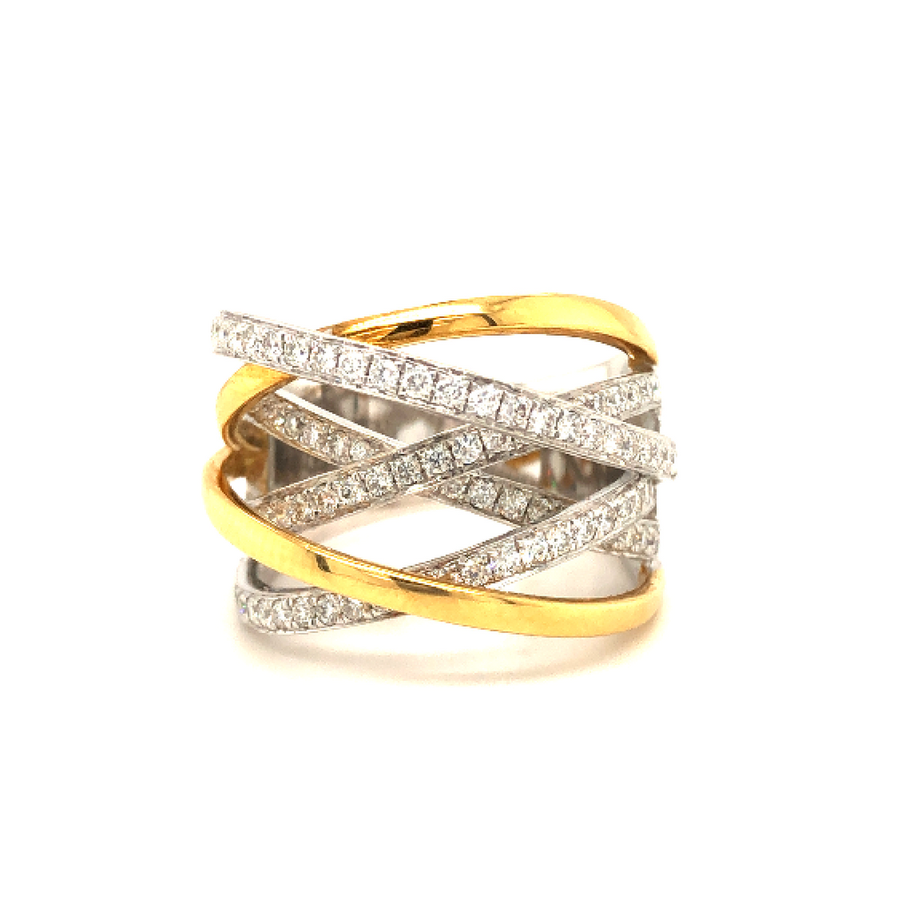 18K yellow and white gold multi-band crossover ring