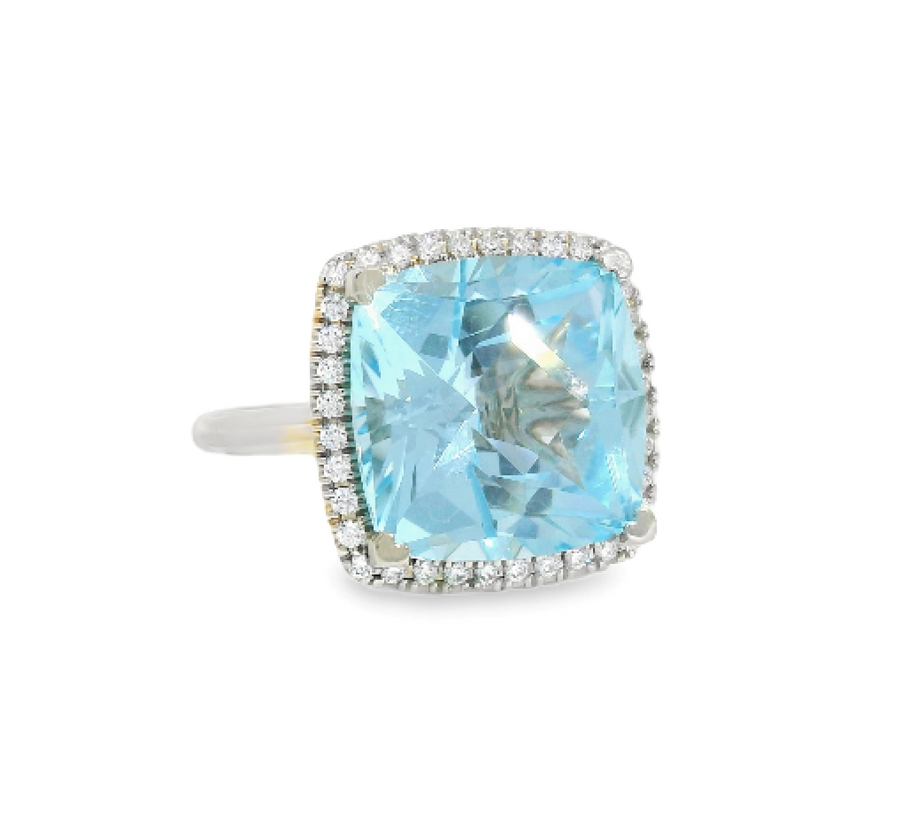 Lady's White 18 Karat Fashion Ring With Blue Topaz And Diamonds