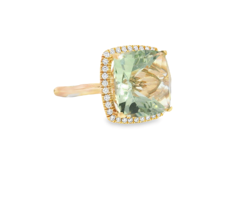 Rocks 18K Rose Gold Cushion Green Quartz and Diamond Ring