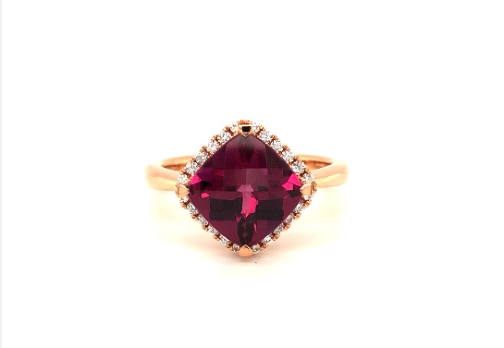 18K Rose Gold 8Mm Cushion Shaped Rubellite Ring