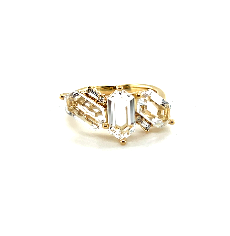 18K Yellow Gold Clear Quartz Triple Hexagon Ring