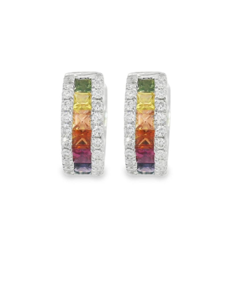 18K White Gold Hinged Rainbow Sapphire Huggie Hoops