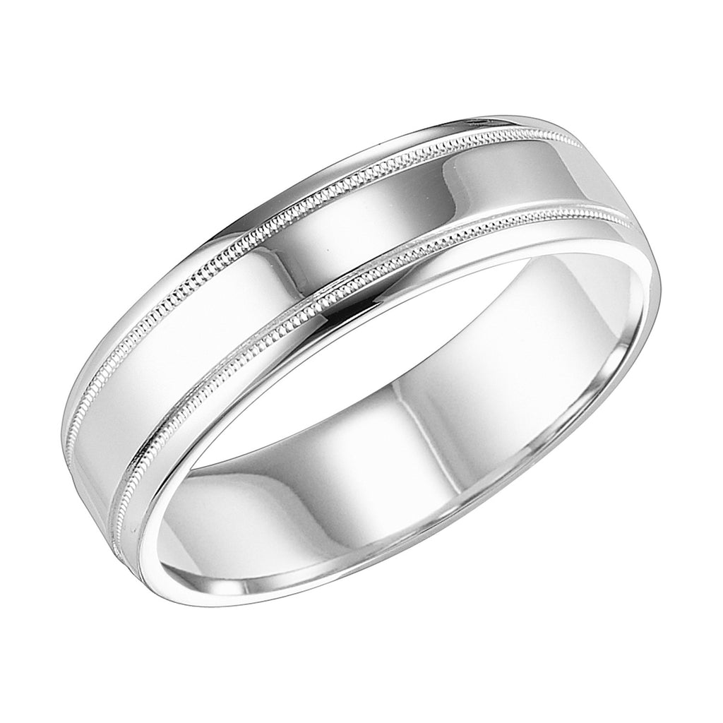 6mm Comfort Fit 14K White Gold Wedding Band, Millgrain