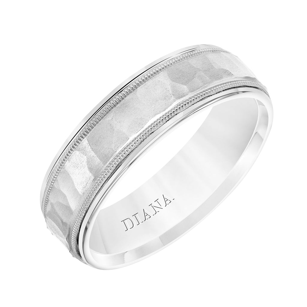 14K White Gold Fancy Wedding Ring w/ Hammered Finish