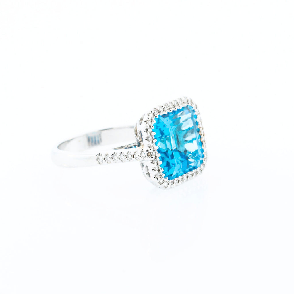 Square Cushion Blue Topaz with Diamond Halo